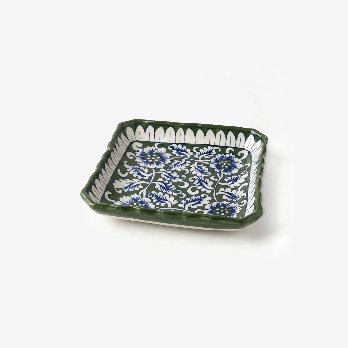 Green square ceramic platter with white petal border