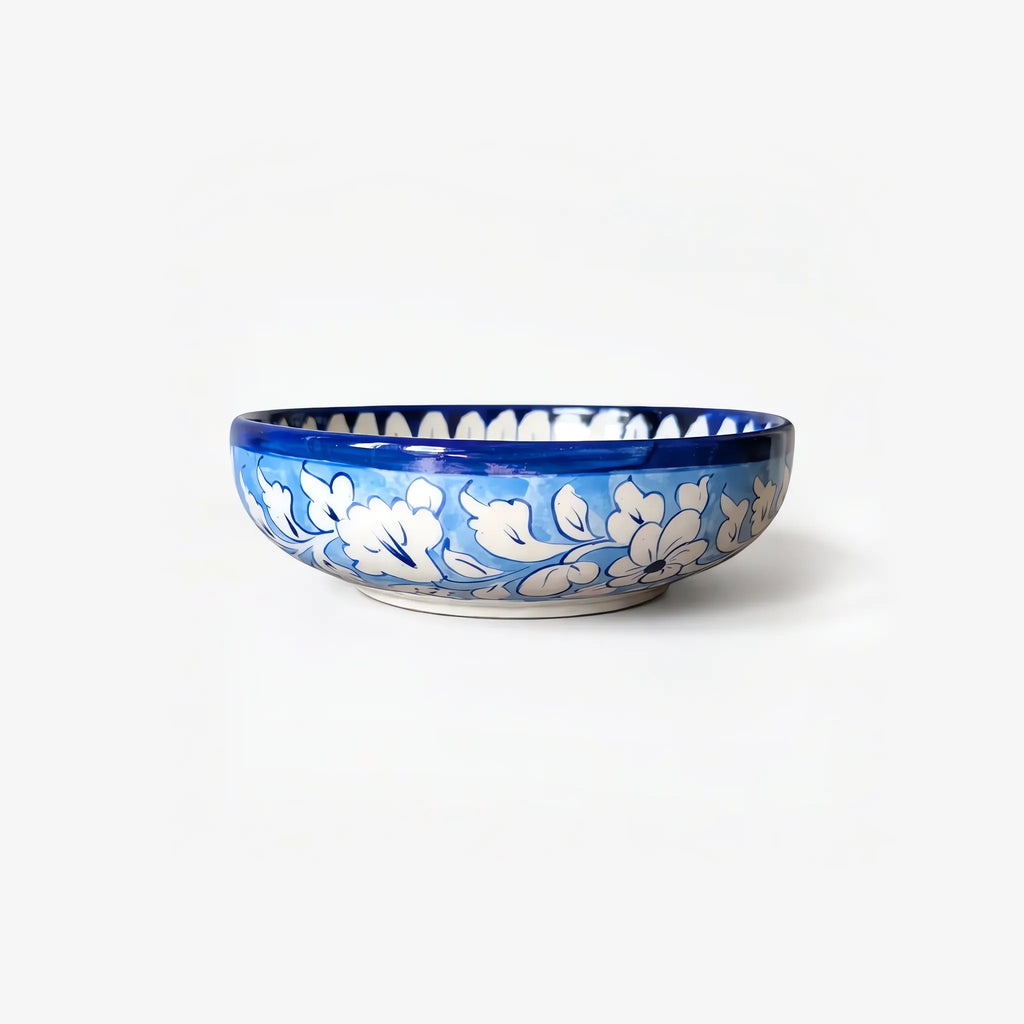 Blue Pottery Sweet Bowl Set - 9 Inch Serving Bowl with 6 Small Bowls (Sky Blue Floral Design) - view 3