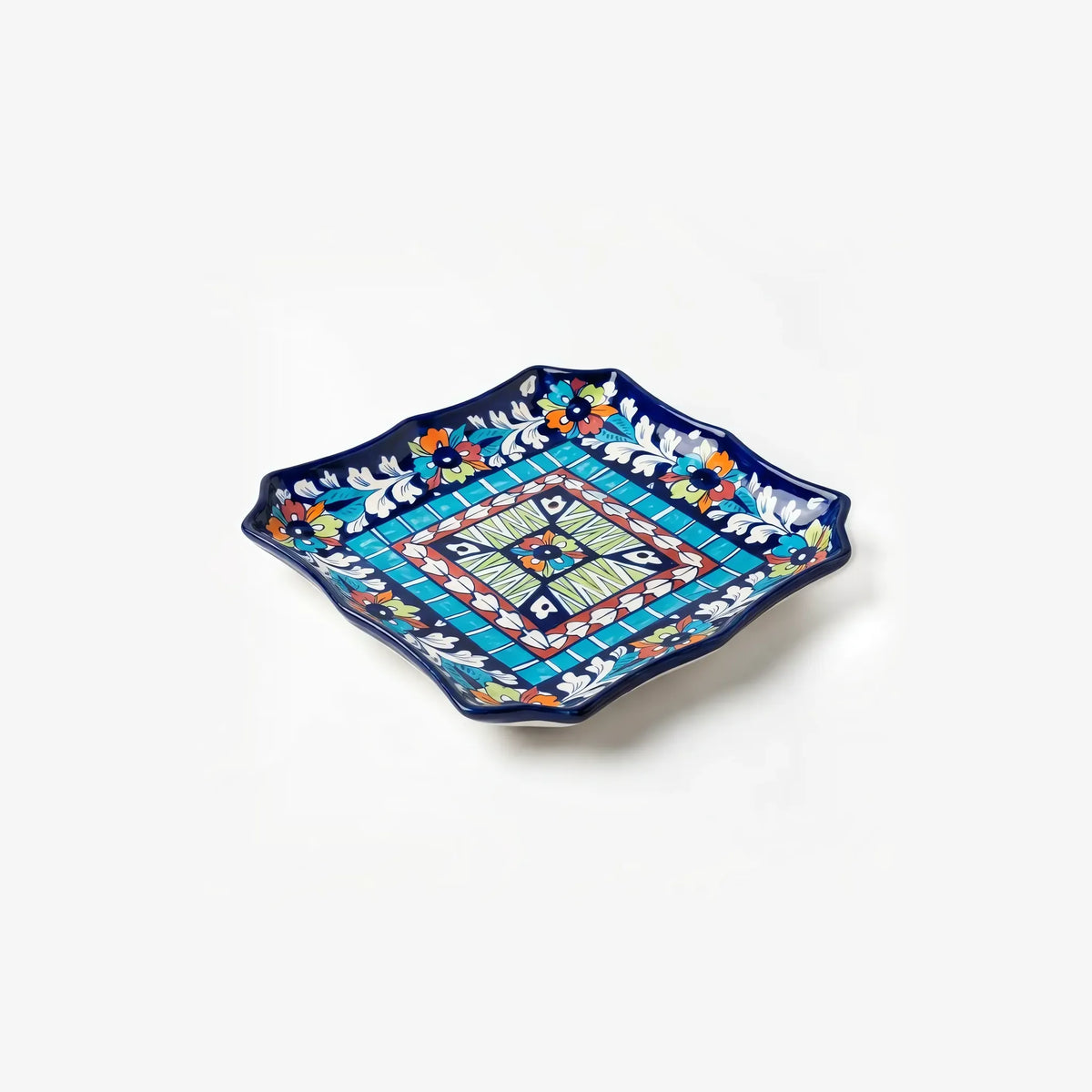 Angled view of the multicolor square serving dish