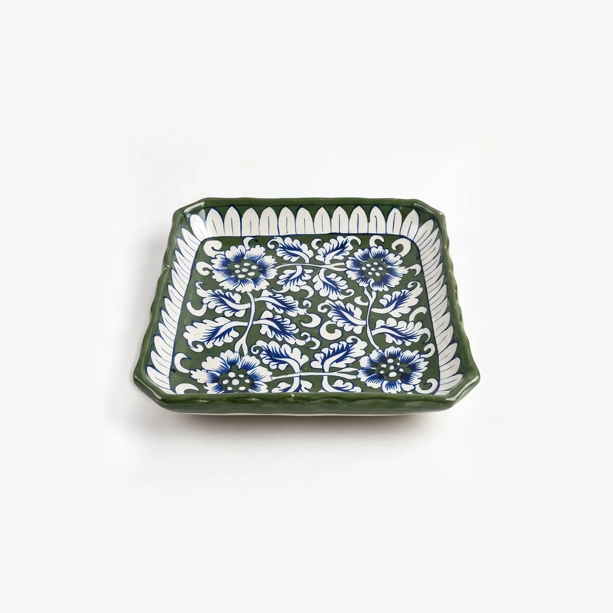 Green and blue square serving dish seen from above at an angle