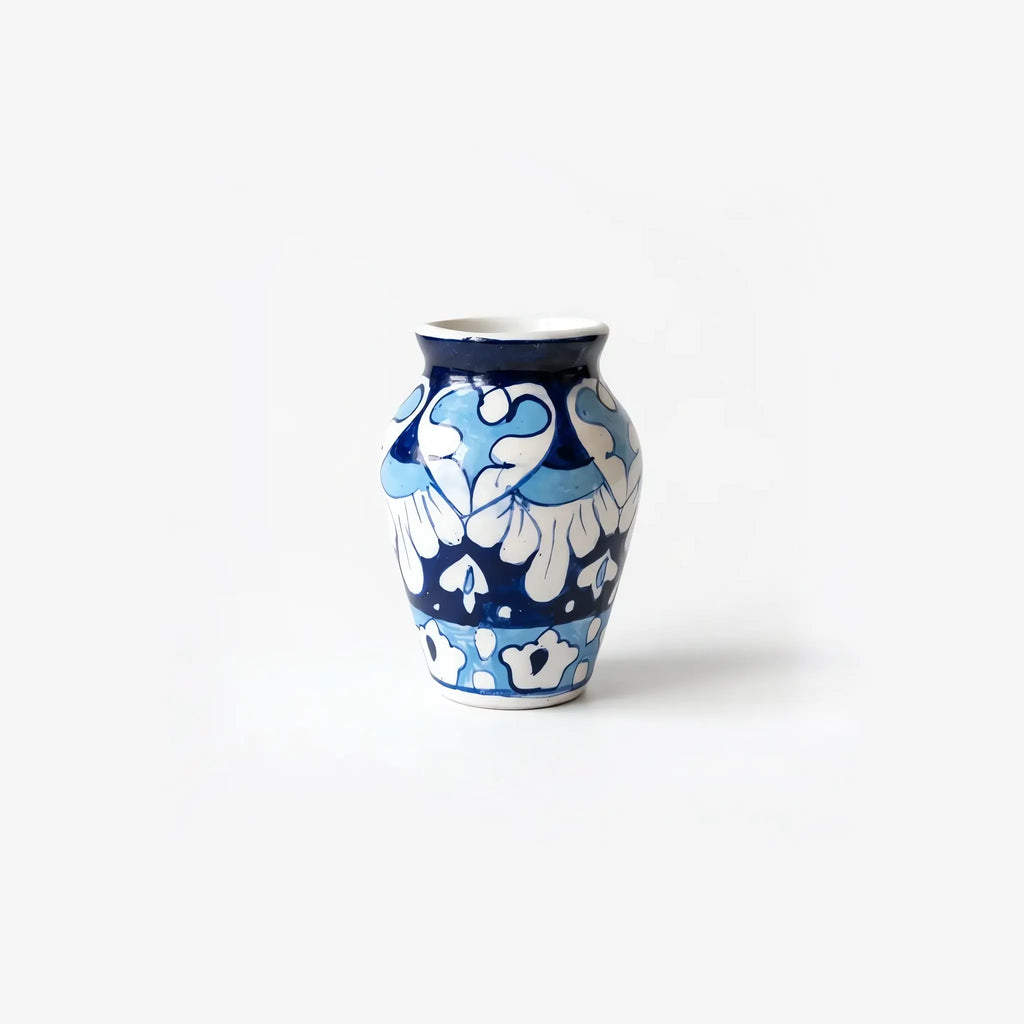 4 inch blue pottery mini vase with sky-blue leaves and dotted band
