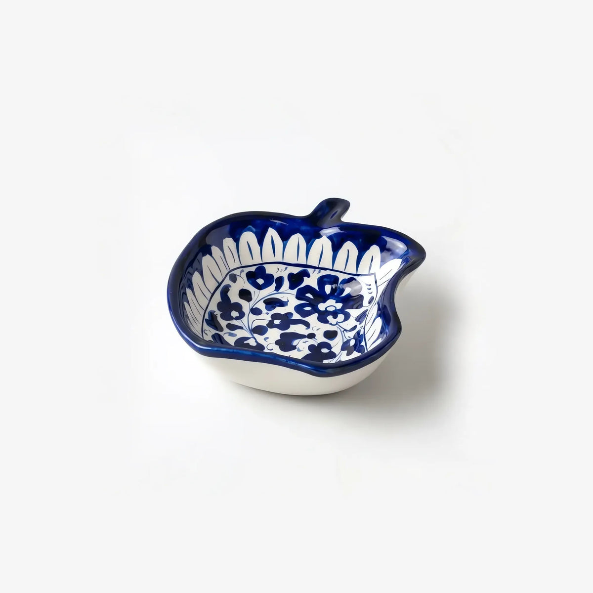 Apple shaped blue pottery bowl with cobalt floral inside