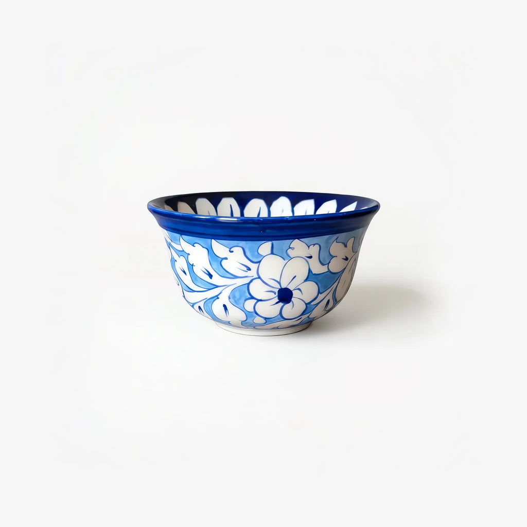 Blue Pottery Sweet Bowl Set - 9 Inch Serving Bowl with 6 Small Bowls (Sky Blue Floral Design) - view 5
