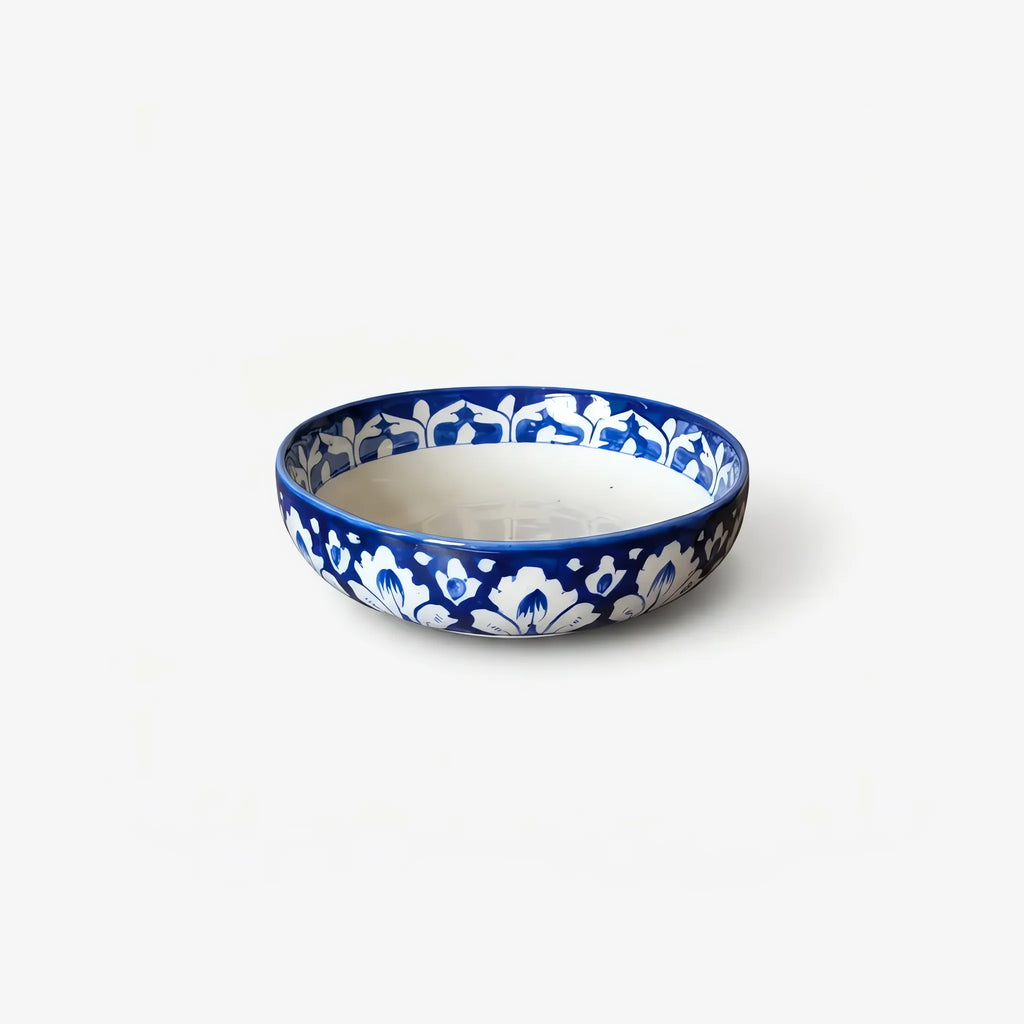 Blue Pottery Sweet Bowl Set - 9 Inch Serving Bowl with 6 Small Bowls (Cobalt Damask Design) - view 2