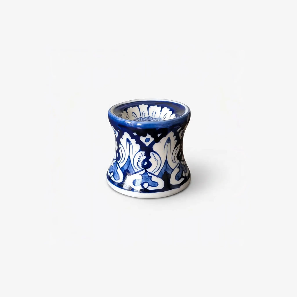 3 inch hourglass blue pottery candle stand with white arabesque