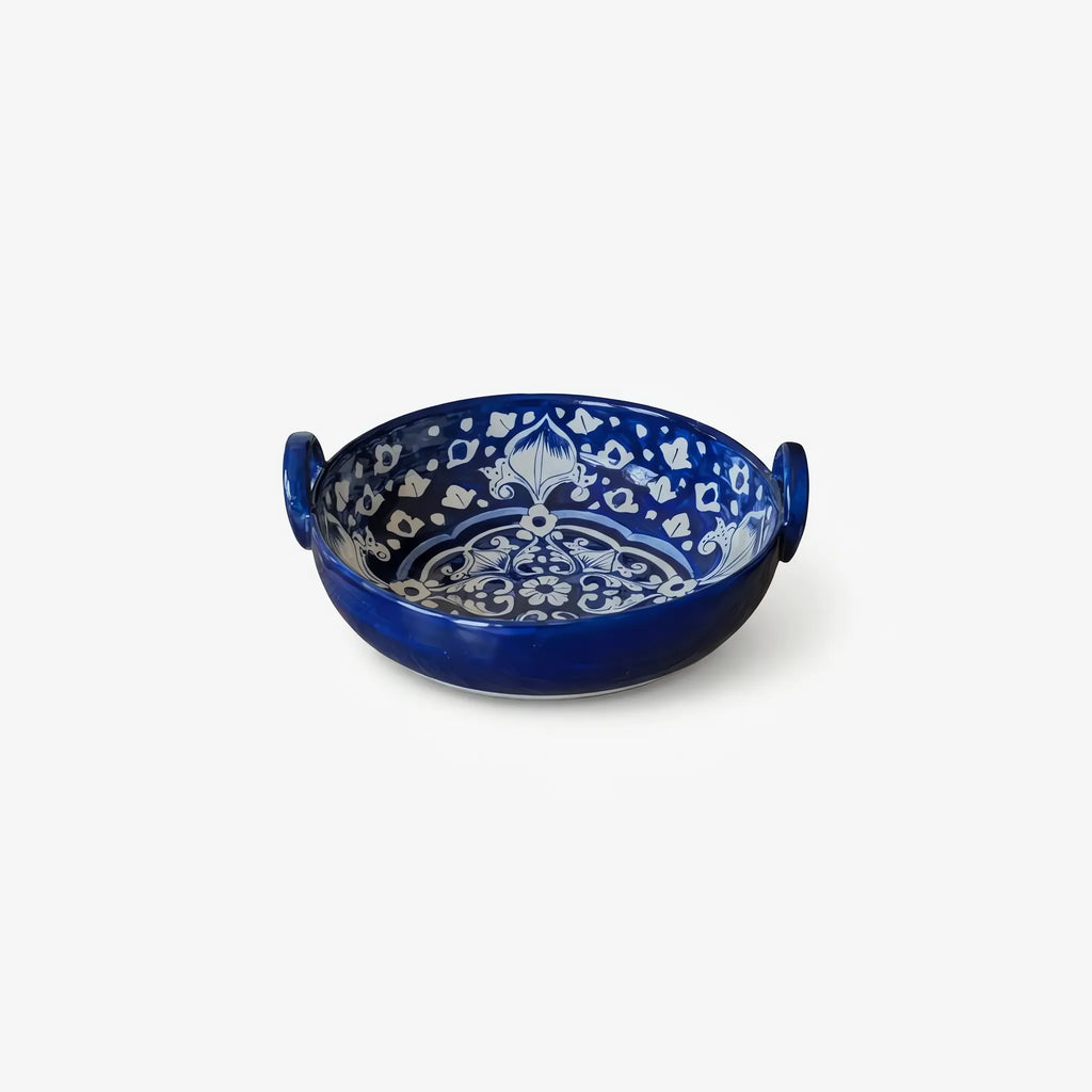 Multani Blue Pottery Karahi Serving Dish - 9 Inch Ceramic Serving Bowl with Ring Handles (Cobalt Medallion Design, 2 Inch Deep) - view 2