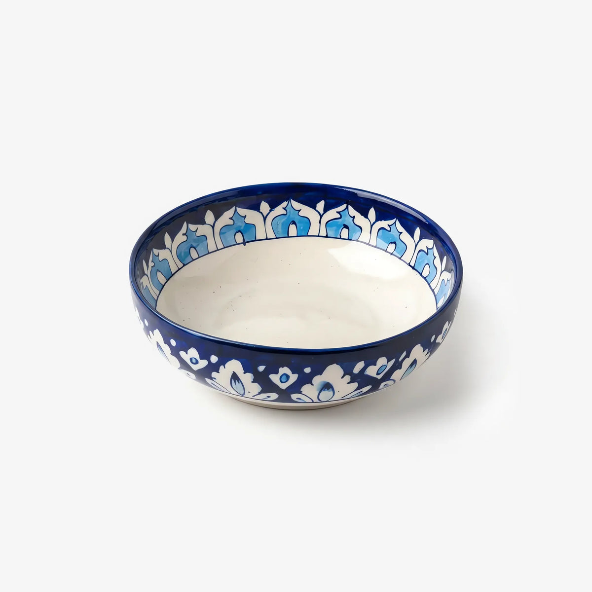 Blue Pottery Sweet Bowl - 9 Inch Hand-Painted Ceramic Serving Bowl (Cobalt Damask with Sky Blue Rim) - view 2
