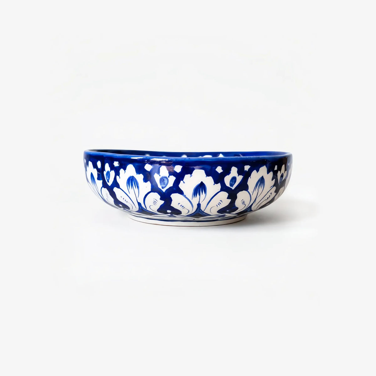 Blue Pottery Sweet Bowl Set - 9 Inch Serving Bowl with 6 Small Bowls (Cobalt Damask Design) - view 4