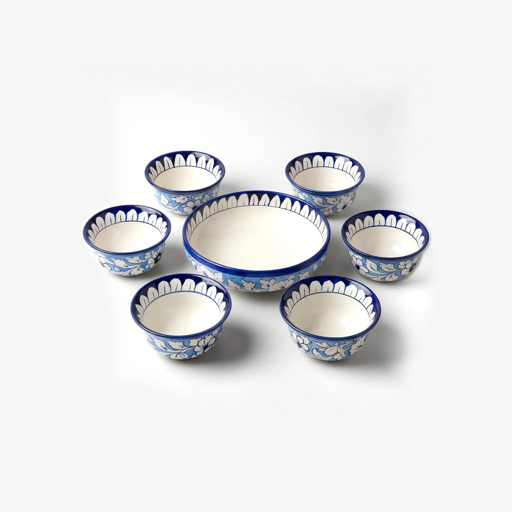 Blue Pottery Sweet Bowl Set - 9 Inch Serving Bowl with 6 Small Bowls (Sky Blue Floral Design) - view 6