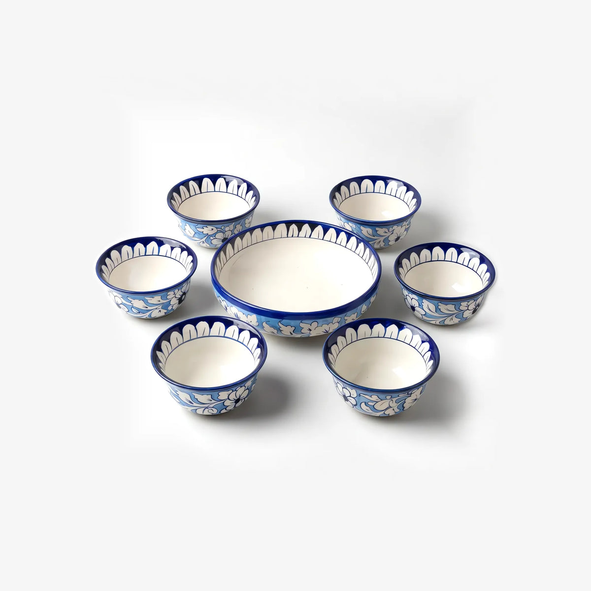 Blue Pottery Sweet Bowl Set - 9 Inch Serving Bowl with 6 Small Bowls (Sky Blue Floral Design) - view 6