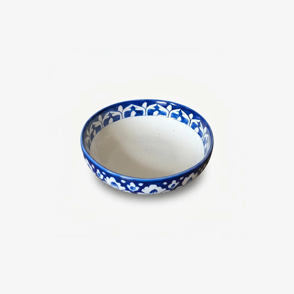Blue Pottery Sweet Bowl Set - 9 Inch Serving Bowl with 6 Small Bowls (Cobalt Damask Design) - view 3