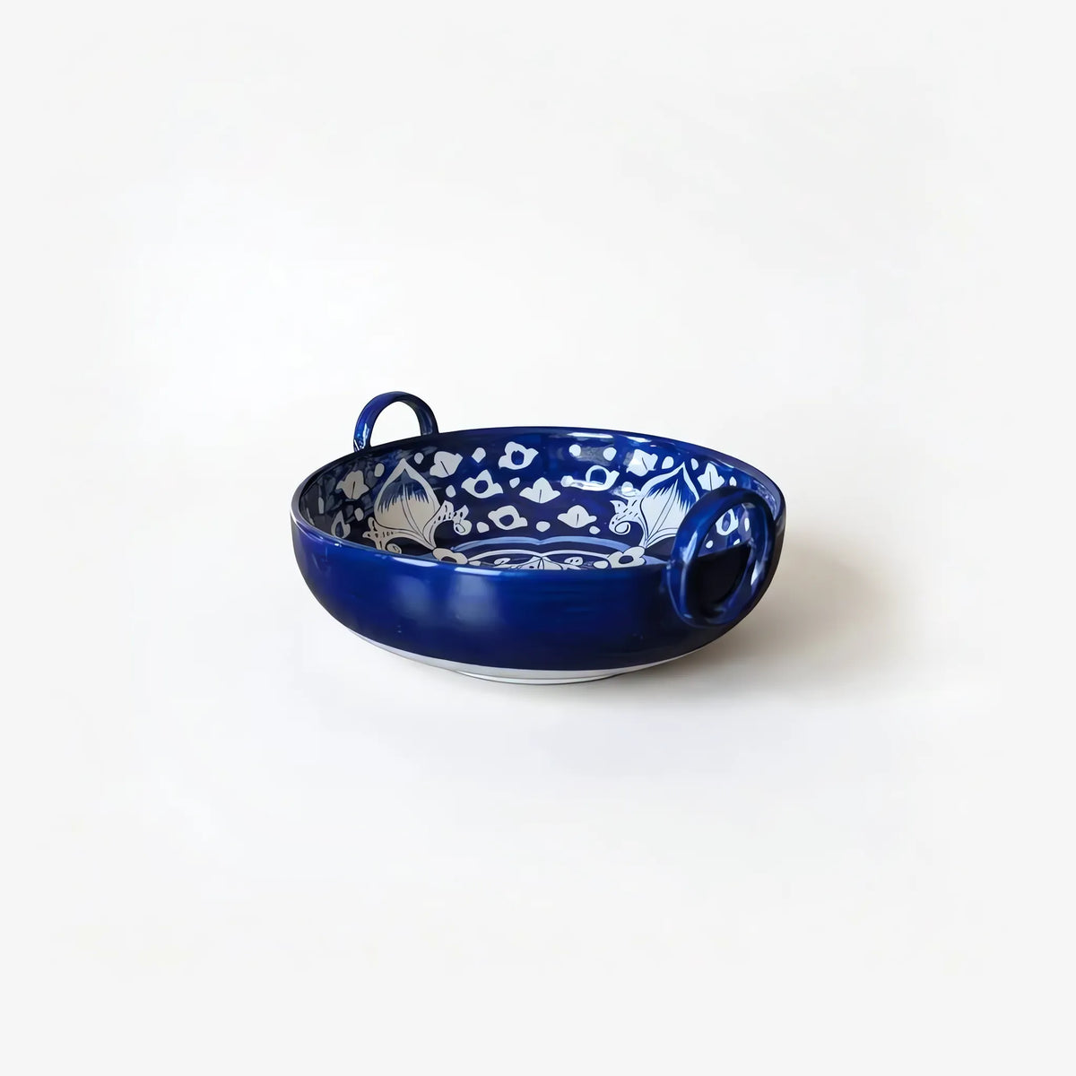 Multani Blue Pottery Karahi Serving Dish - 9 Inch Ceramic Serving Bowl with Ring Handles (Cobalt Medallion Design, 2 Inch Deep) - view 3