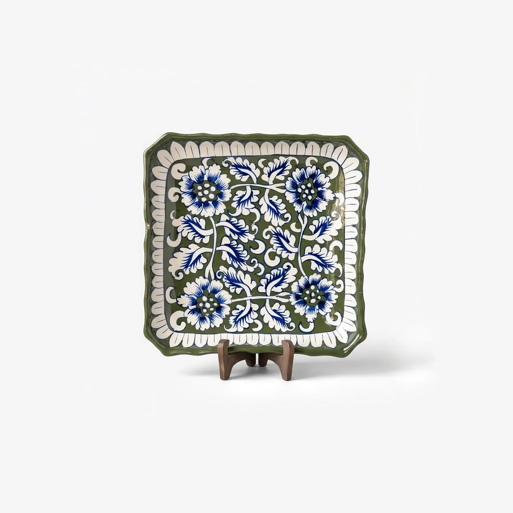 10.5 inch green Multani square dish with blue flowers on a stand