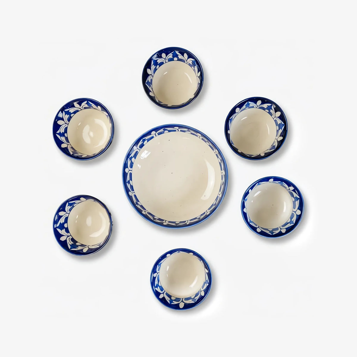 Blue Pottery Sweet Bowl Set - 9 Inch Serving Bowl with 6 Small Bowls (Cobalt Damask Design) - view 9