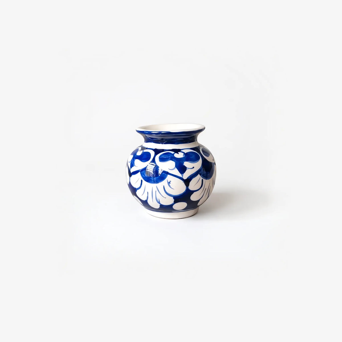 3 inch blue pottery garwi with white palmettes and heart scrolls