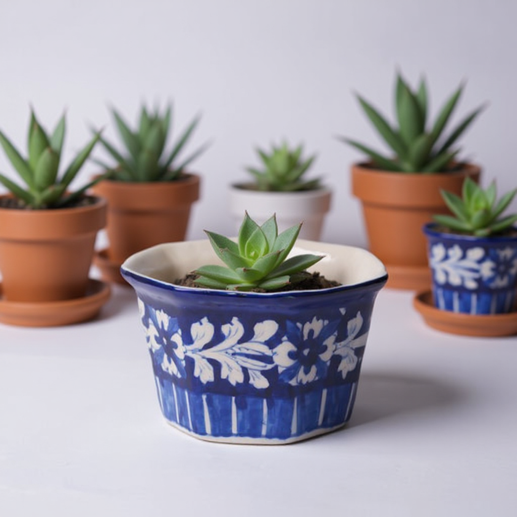 6″ Hexagon Indoor Planter – Blue Band Design