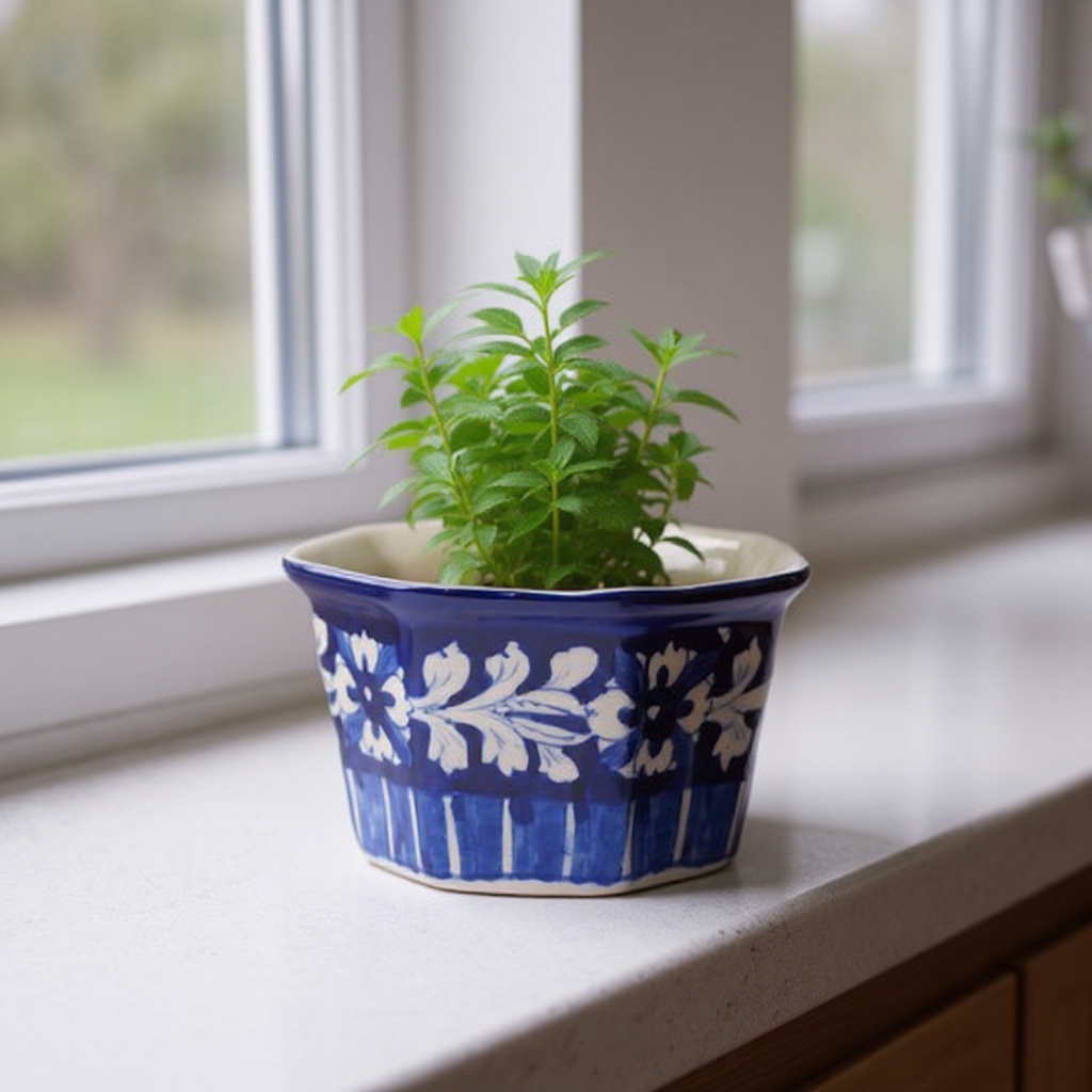 6″ Hexagon Indoor Planter – Blue Band Design