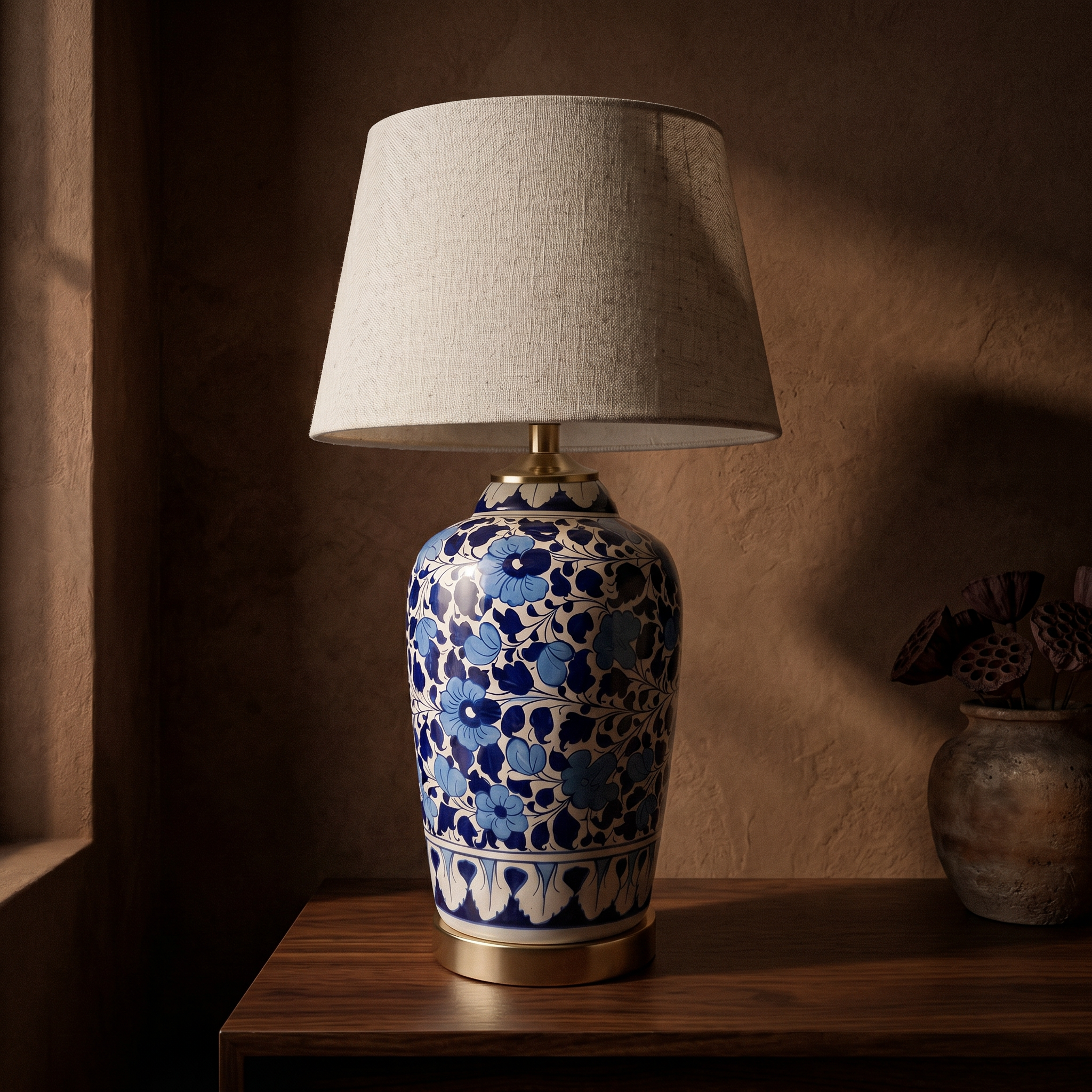Blue Pottery Table Lamp Base – 16” Hand-Painted Ceramic Lamp (Floral Multani Design)