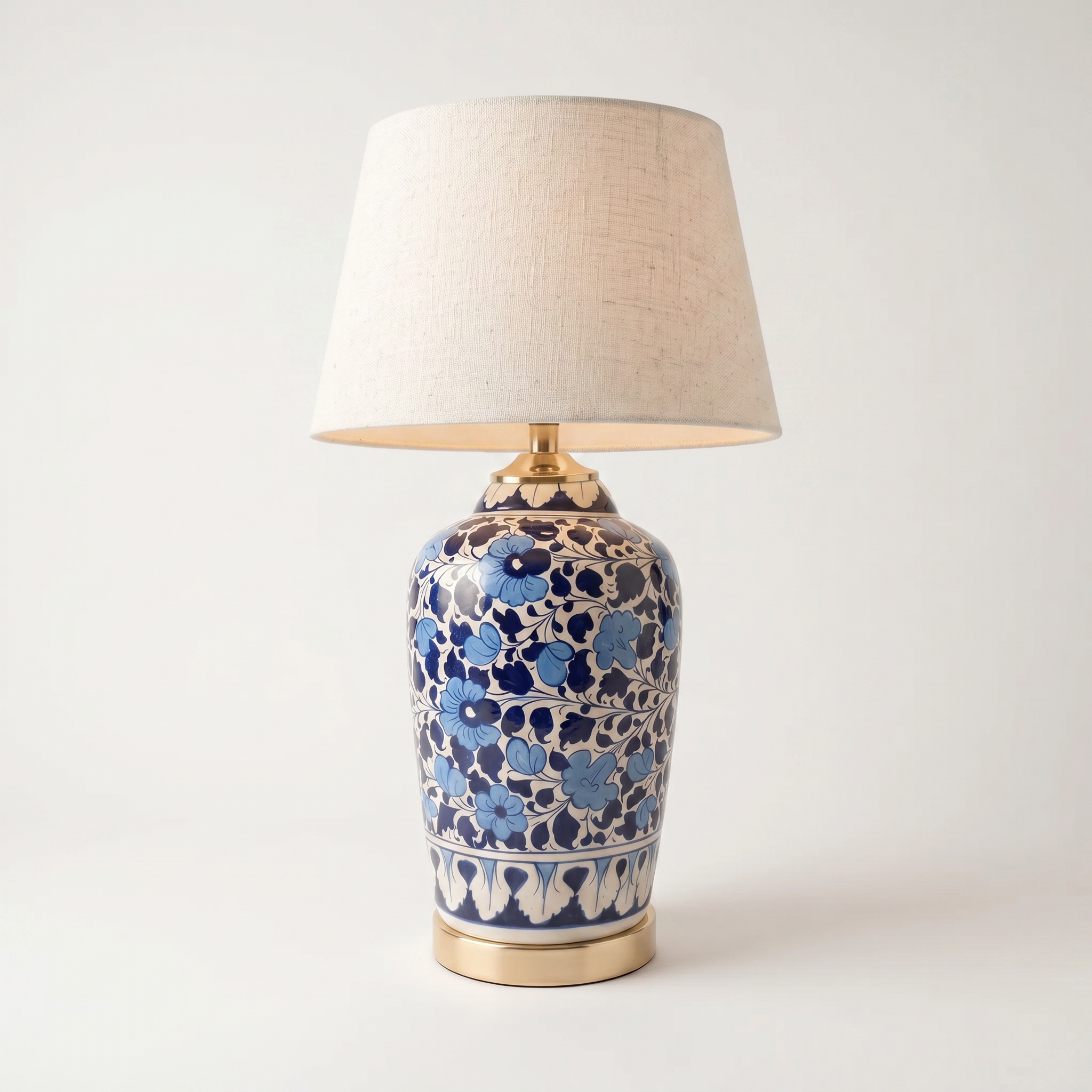 Blue Pottery Table Lamp Base – 16” Hand-Painted Ceramic Lamp (Floral Multani Design)