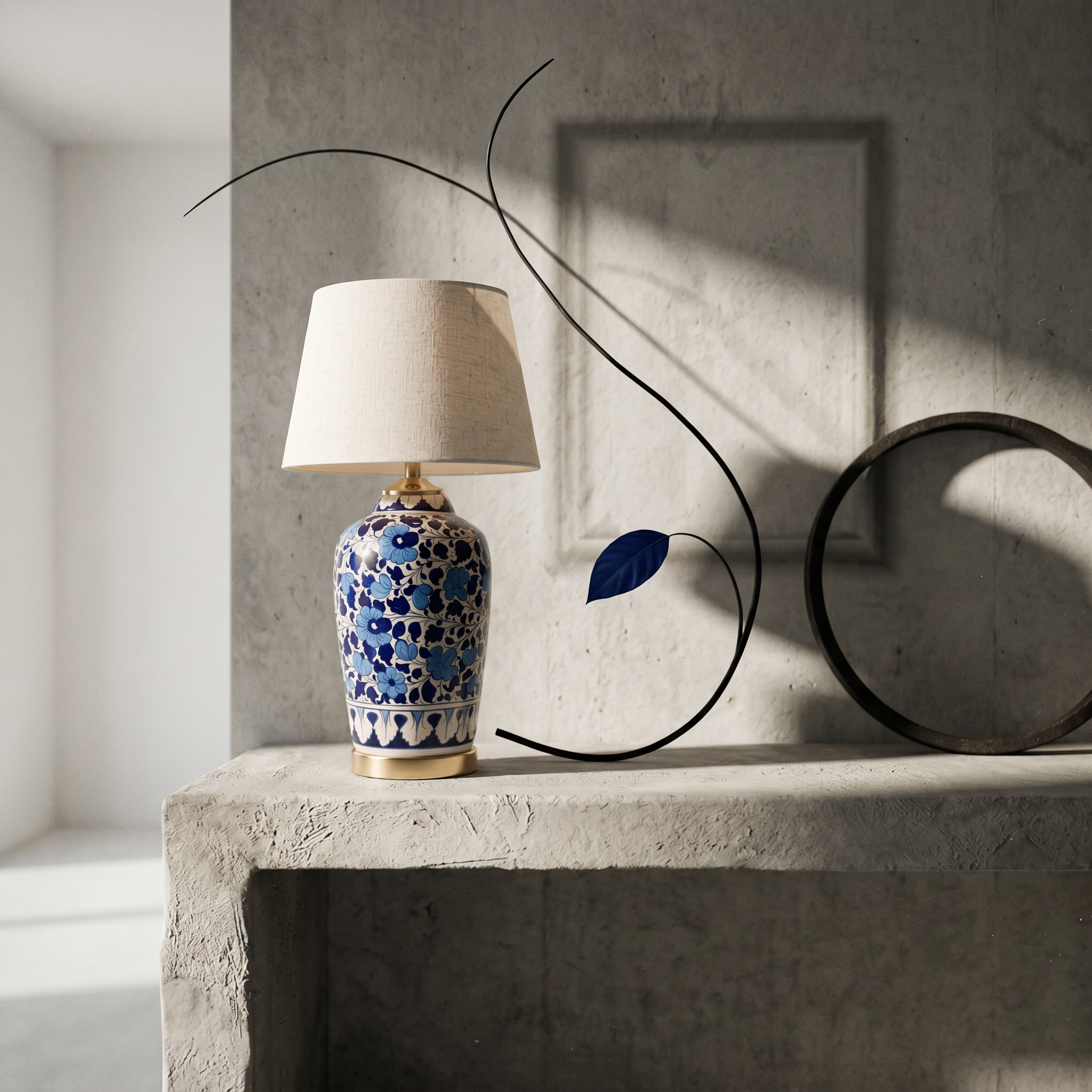 Blue Pottery Table Lamp Base – 16” Hand-Painted Ceramic Lamp (Floral Multani Design)