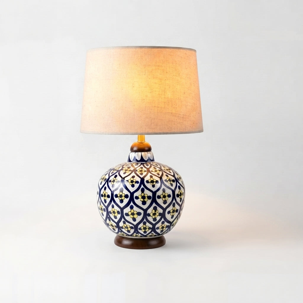 Blue Pottery Table Lamp Base – Hand-Painted Ceramic Round Jar with Wooden Fittings (Trellis Pattern)