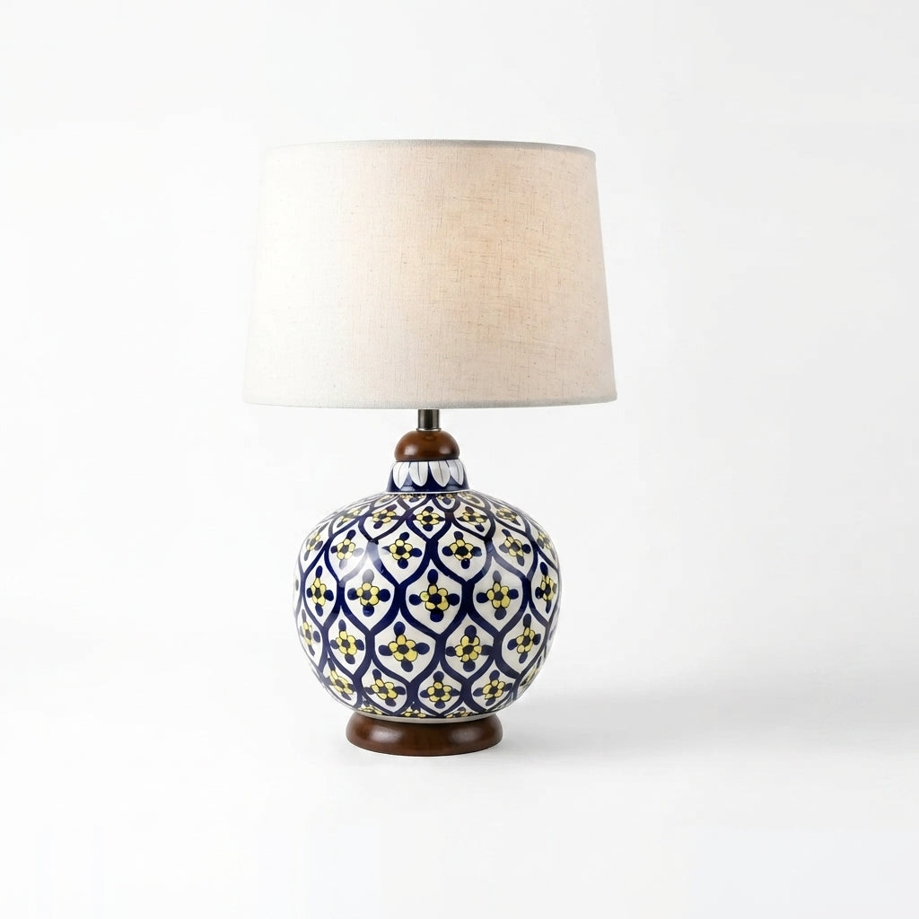 Blue Pottery Table Lamp Base – Hand-Painted Ceramic Round Jar with Wooden Fittings (Trellis Pattern)