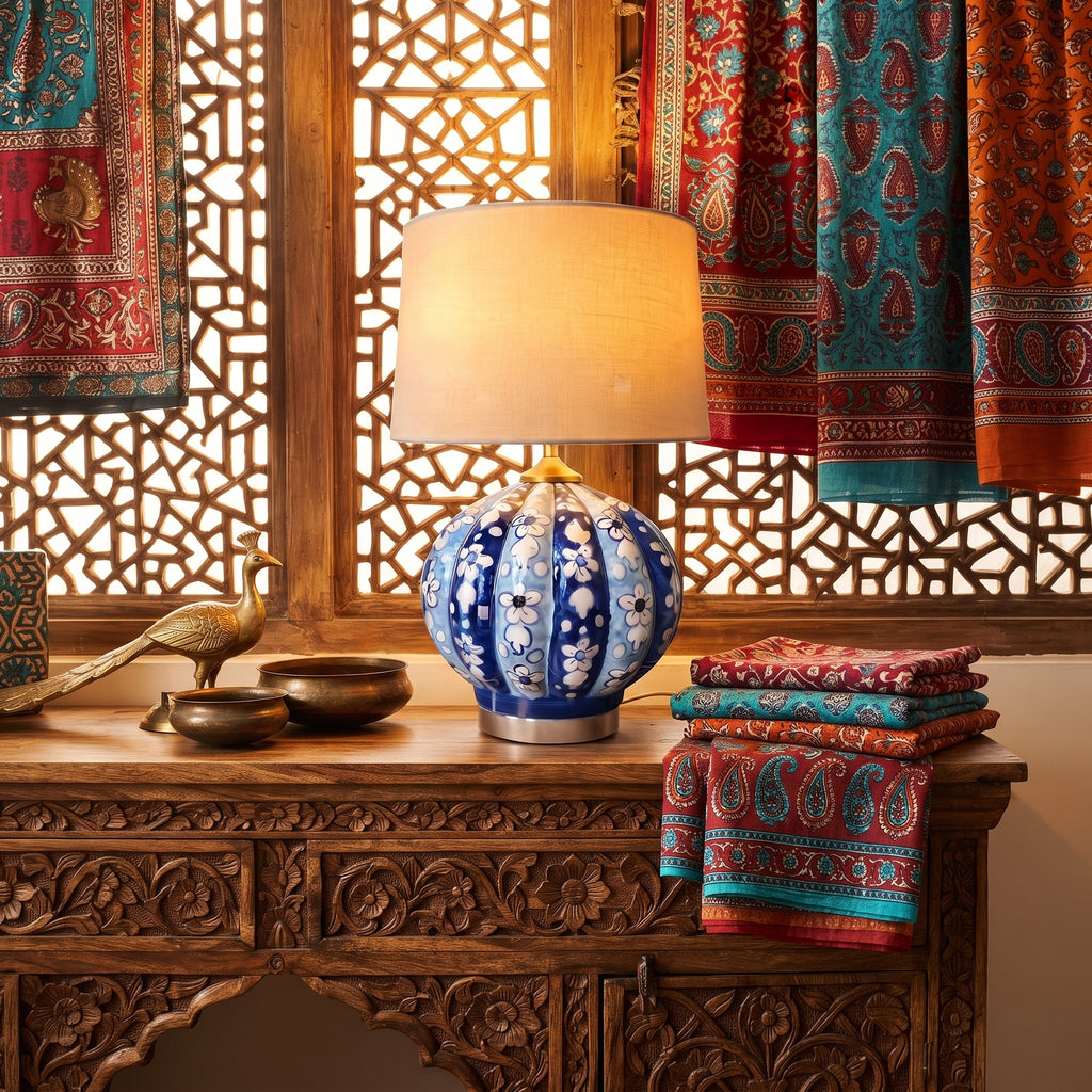 Blue Pottery Table Lamp Base – Hand-Painted Ceramic Fluted Globe with Brass Fittings (Floral Panel Design)
