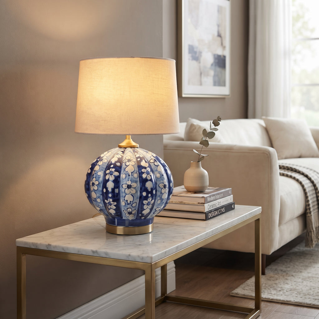Blue Pottery Table Lamp Base – Hand-Painted Ceramic Fluted Globe with Brass Fittings (Floral Panel Design)