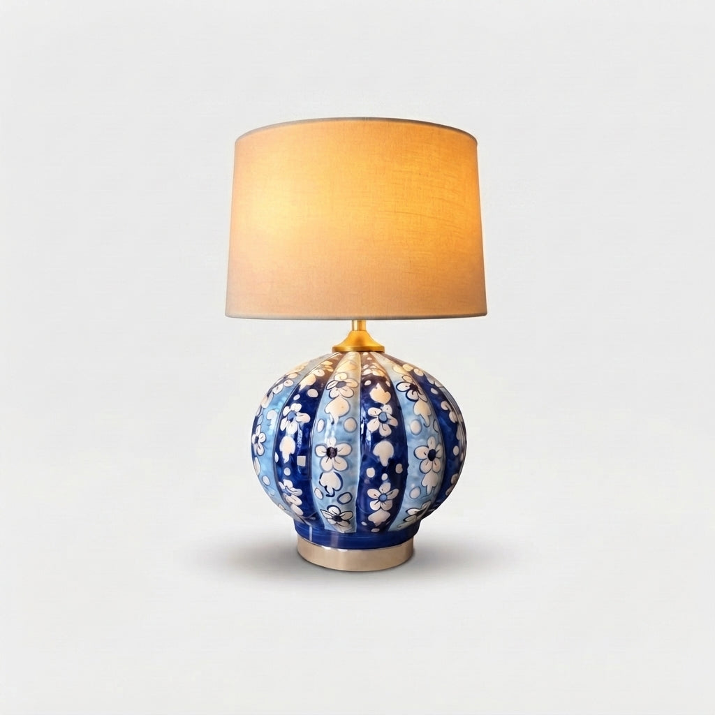 Blue Pottery Table Lamp Base – Hand-Painted Ceramic Fluted Globe with Brass Fittings (Floral Panel Design)