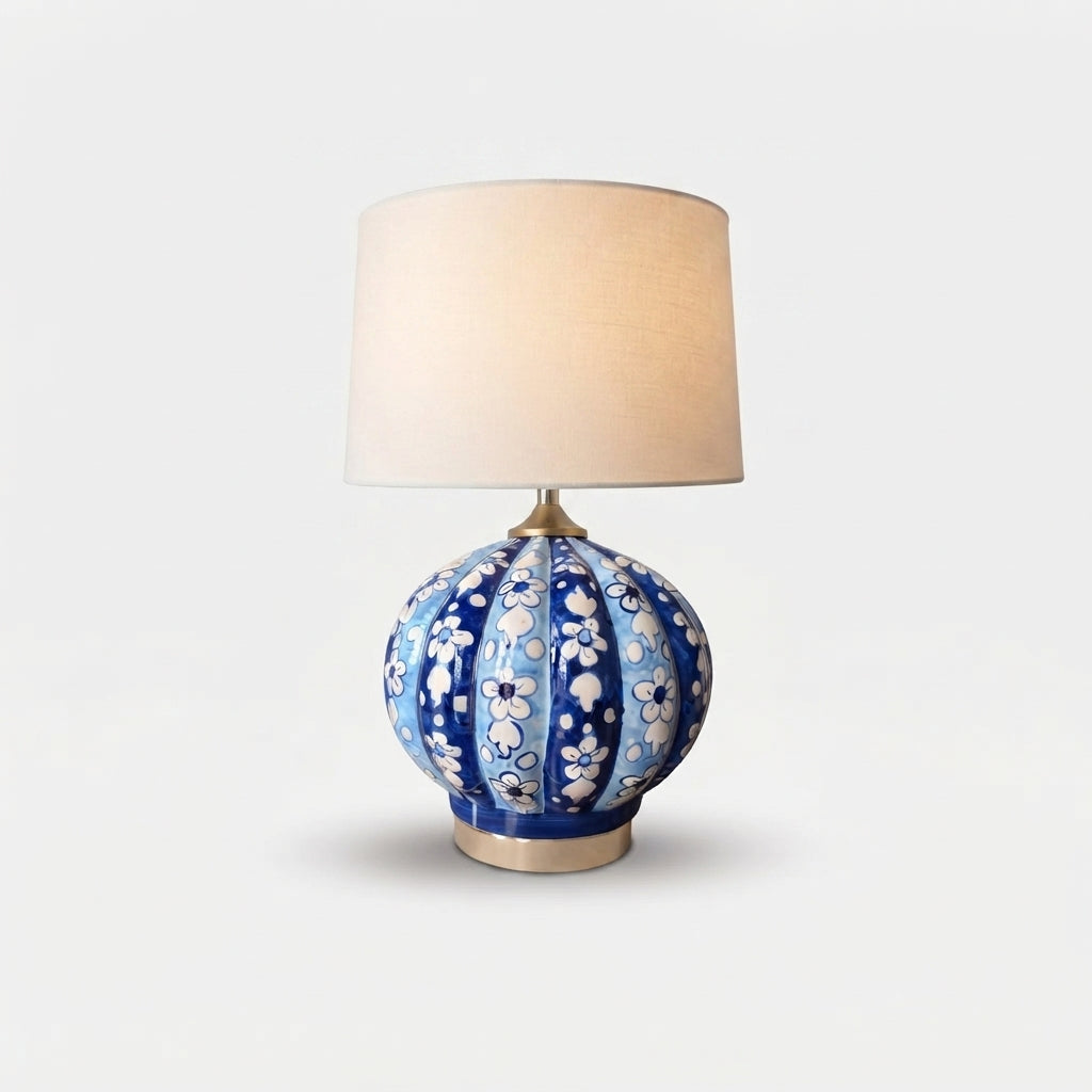 Blue Pottery Table Lamp Base – Hand-Painted Ceramic Fluted Globe with Brass Fittings (Floral Panel Design)