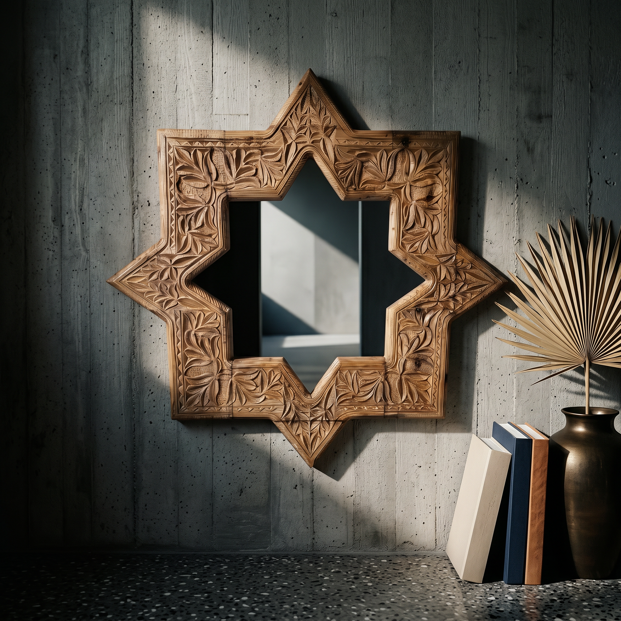 Hand-Carved Swati Star Mirror Frame – 27” Wooden Wall Frame