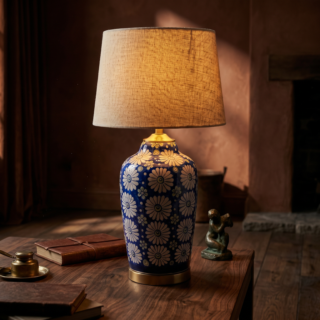 Blue Pottery Table Lamp Base – 16” Hand-Painted Ceramic Lamp with Daisy Floral Design