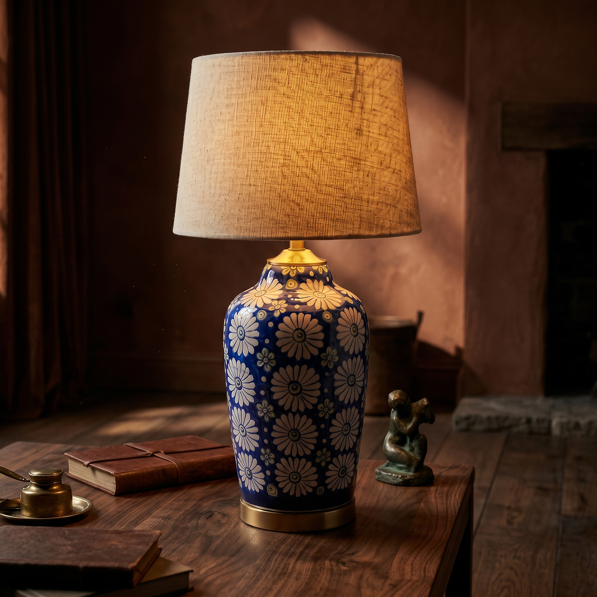 Blue Pottery Table Lamp Base – 16” Hand-Painted Ceramic Lamp with Daisy Floral Design