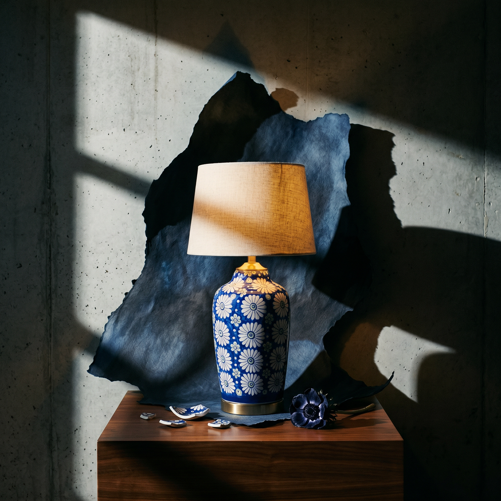 Blue Pottery Table Lamp Base – 16” Hand-Painted Ceramic Lamp with Daisy Floral Design