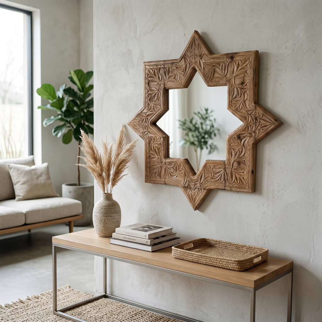Hand-Carved Swati Star Mirror Frame – 27” Wooden Wall Frame