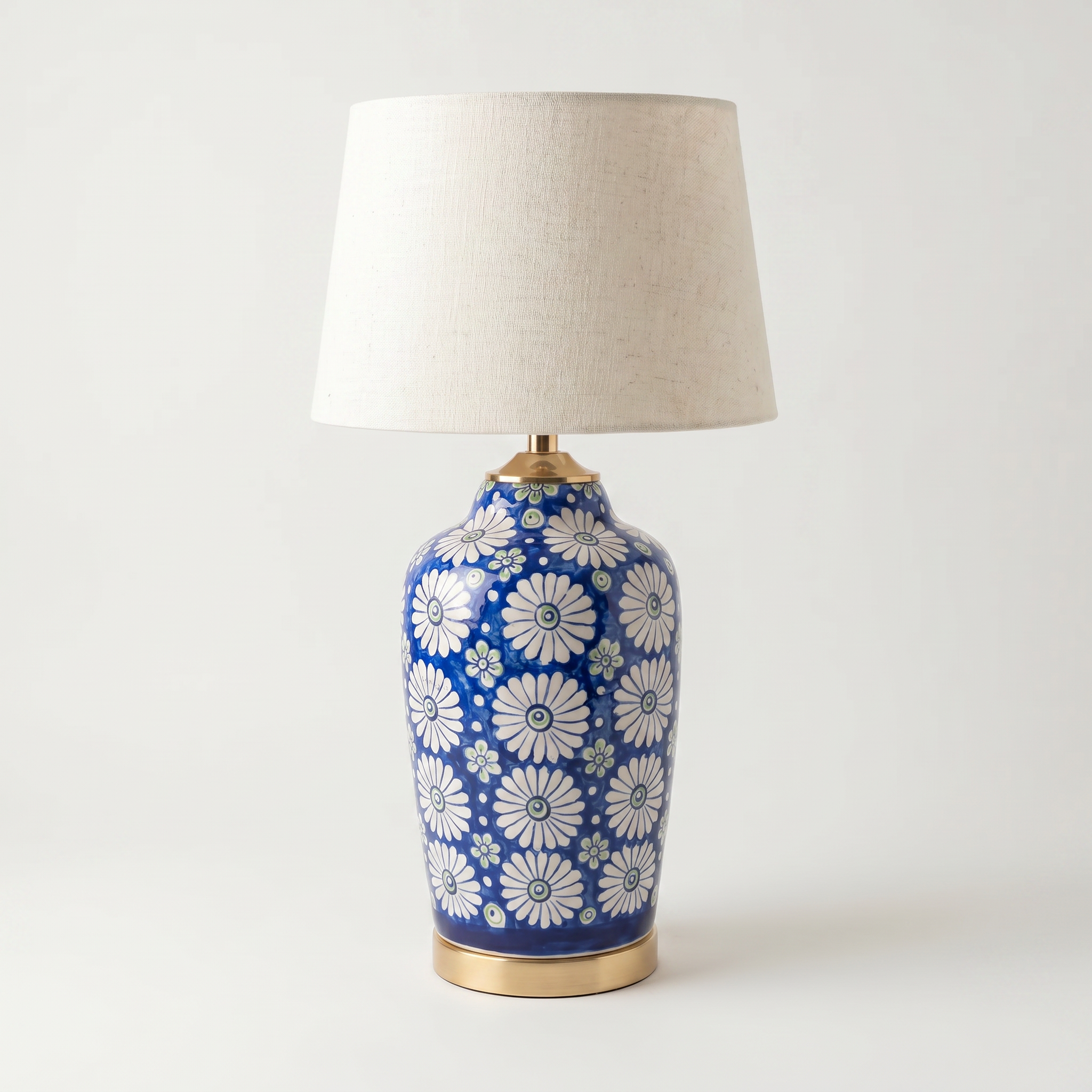 Blue Pottery Table Lamp Base – 16” Hand-Painted Ceramic Lamp with Daisy Floral Design