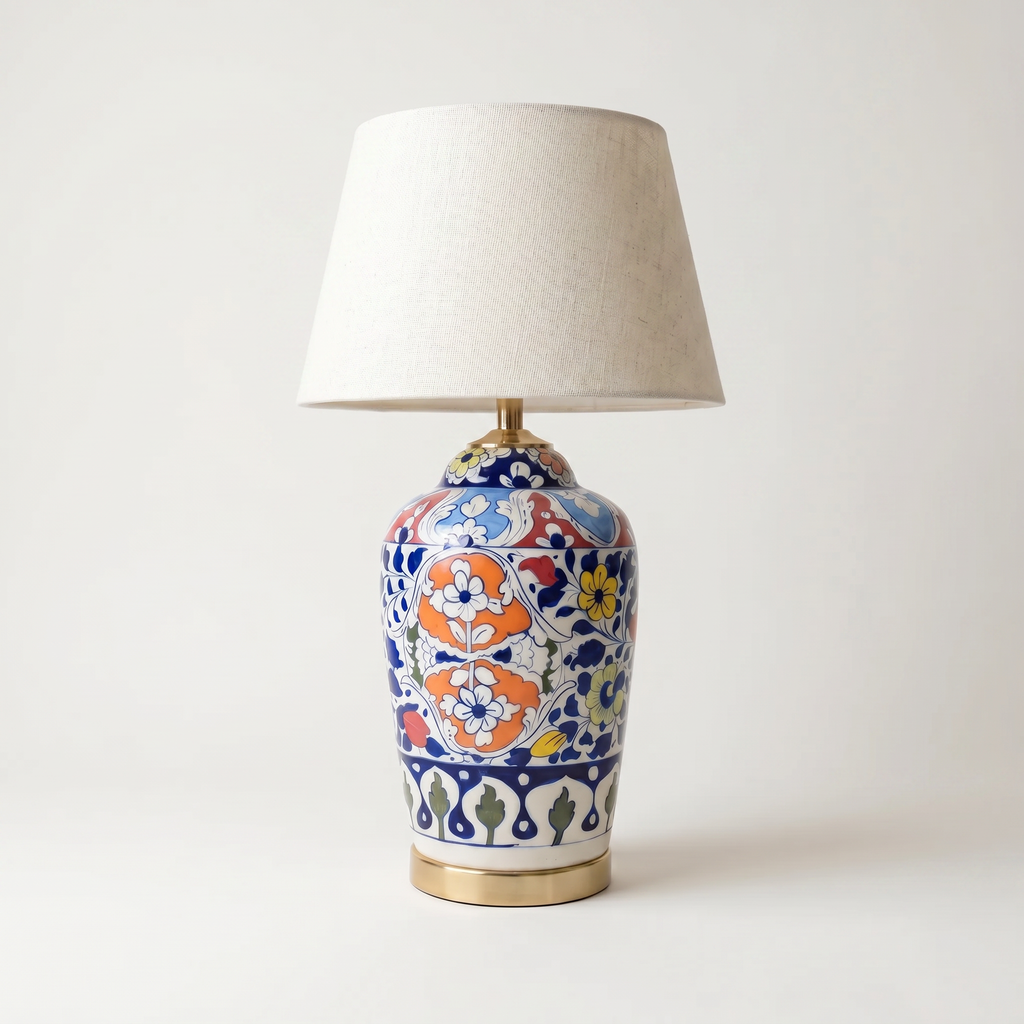 Blue Pottery Table Lamp Base – 16” Hand-Painted Ceramic Lamp with Multicolor Floral Design