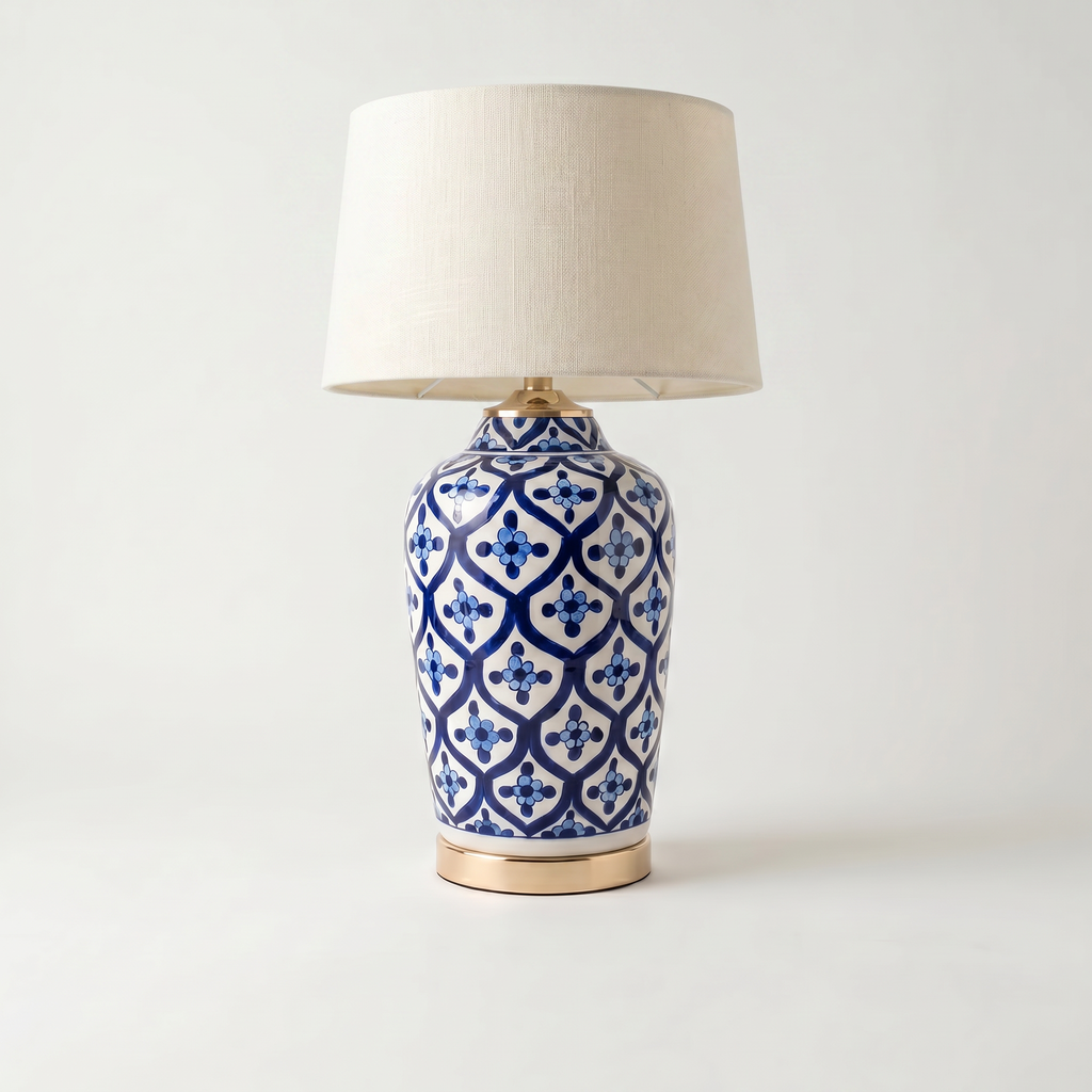 Blue Pottery Table Lamp Base – 16” Hand-Painted Ceramic Lamp with Geometric Floral Pattern
