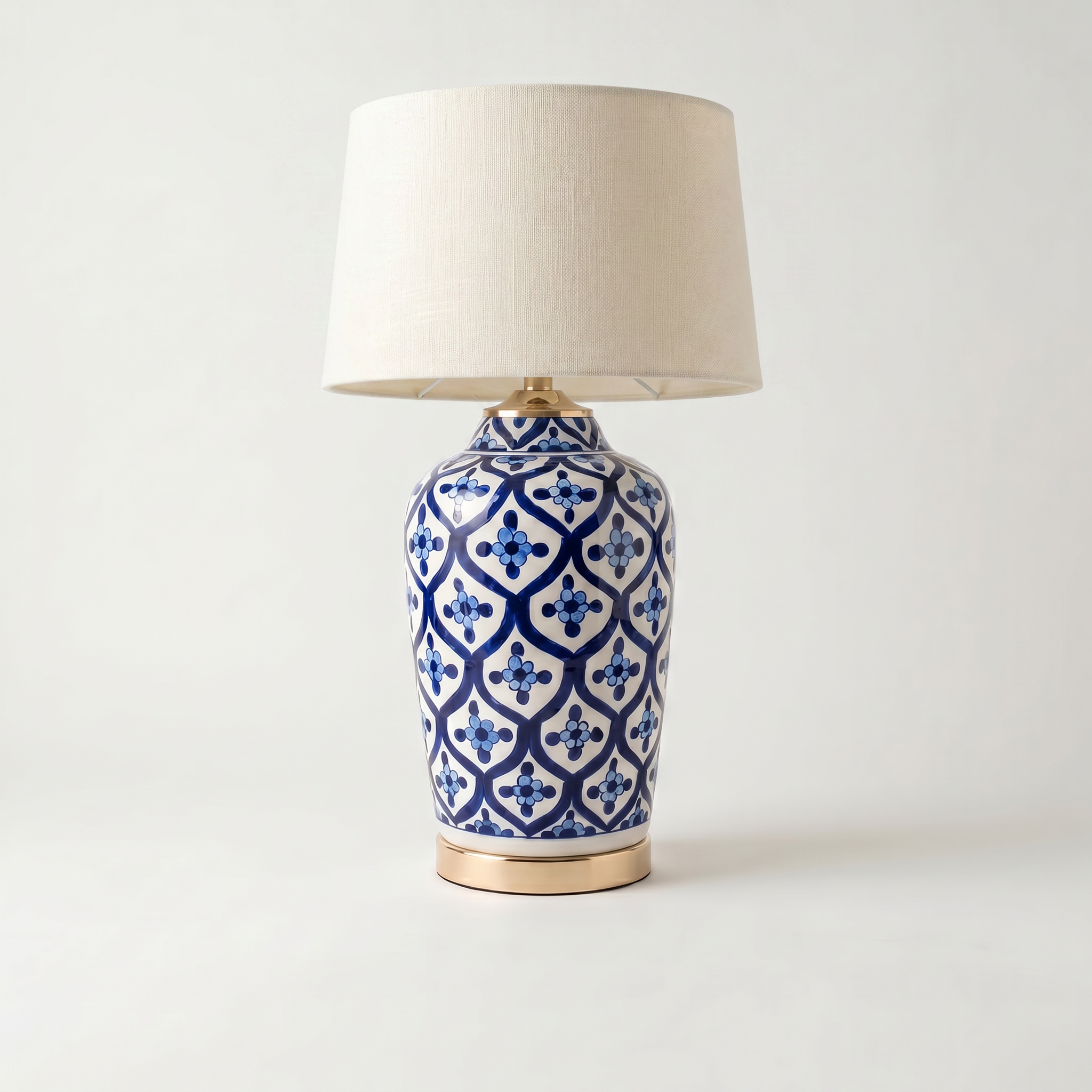 Blue Pottery Table Lamp Base – 16” Hand-Painted Ceramic Lamp with Geometric Floral Pattern