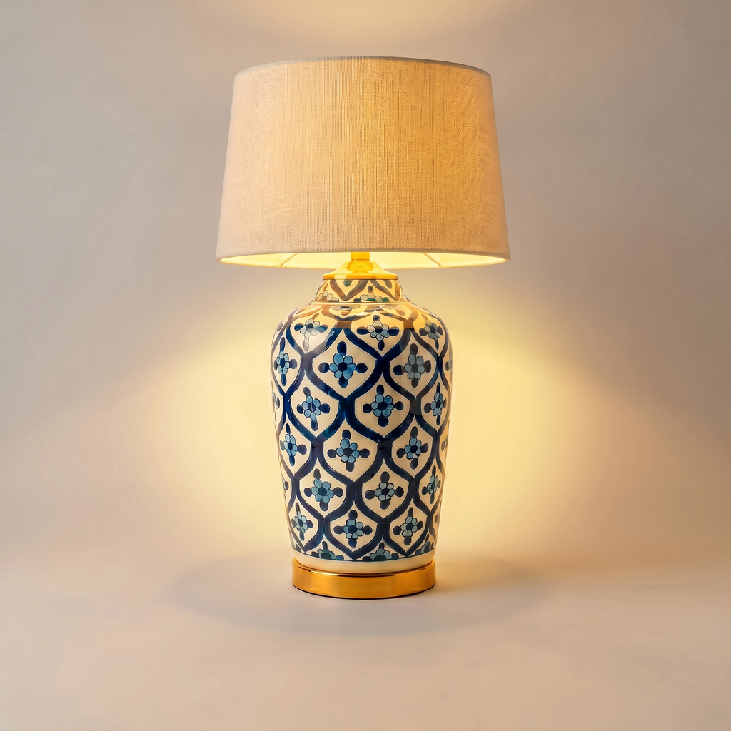 Blue Pottery Table Lamp Base – 16” Hand-Painted Ceramic Lamp with Geometric Floral Pattern