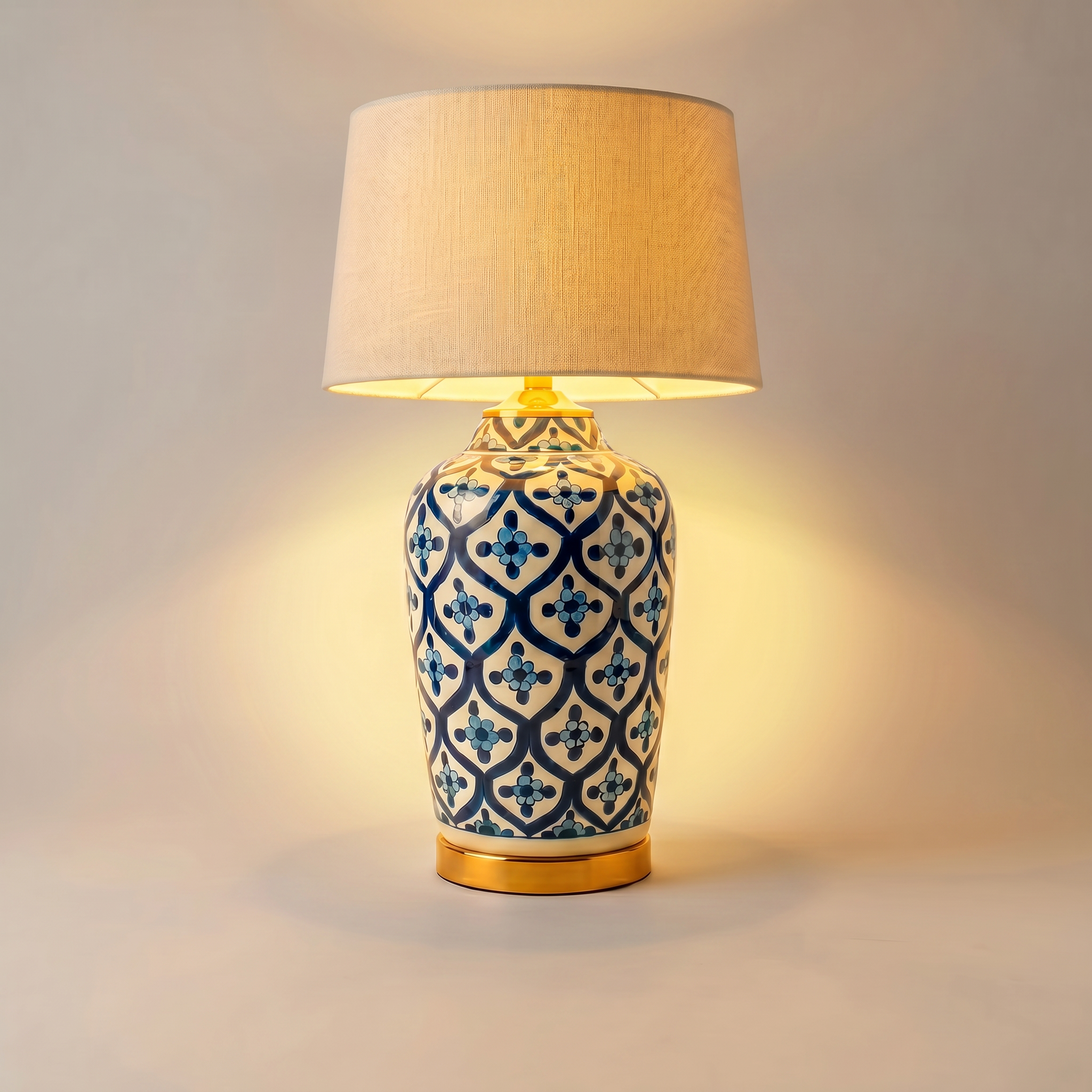 Blue Pottery Table Lamp Base – 16” Hand-Painted Ceramic Lamp with Geometric Floral Pattern