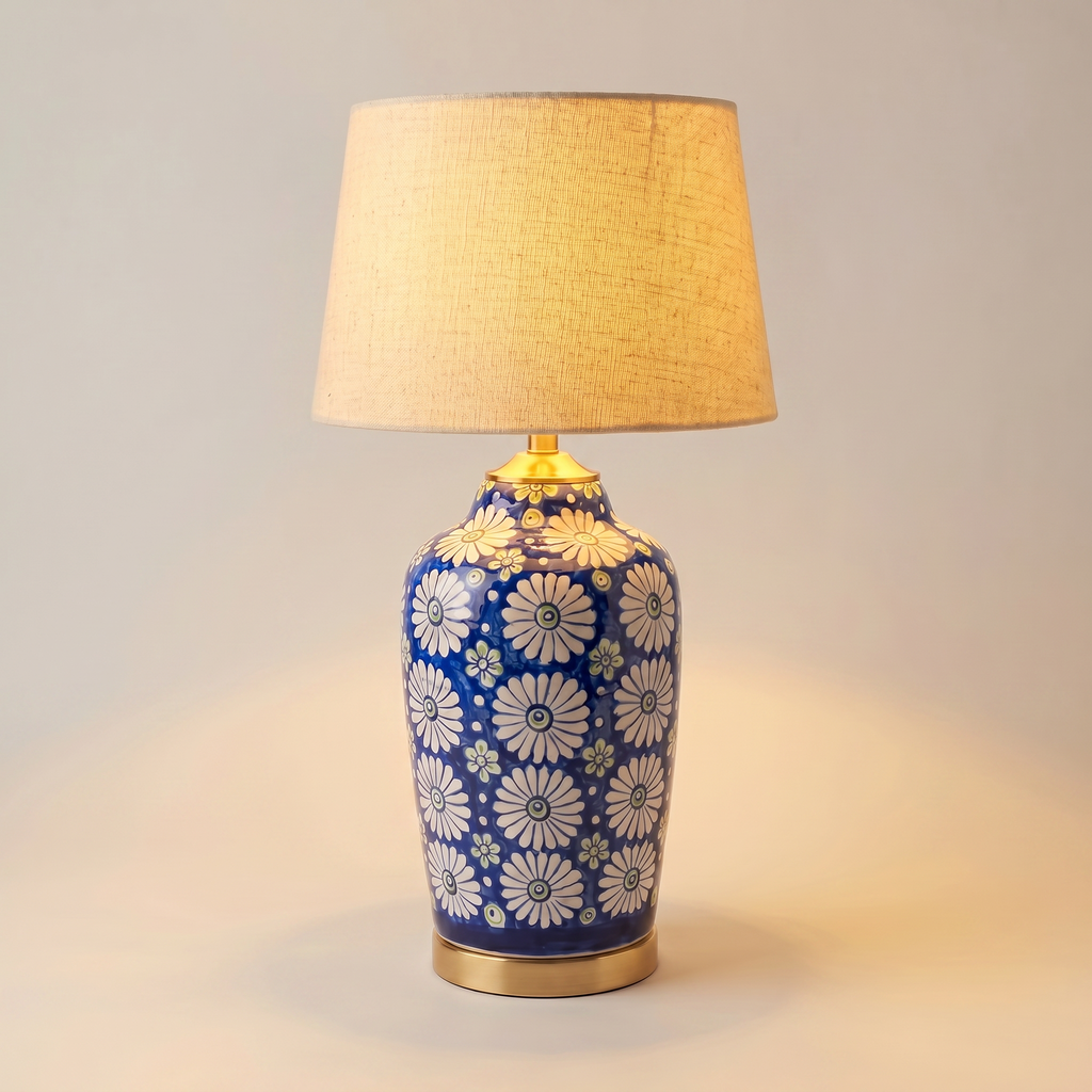 Blue Pottery Table Lamp Base – 16” Hand-Painted Ceramic Lamp with Daisy Floral Design