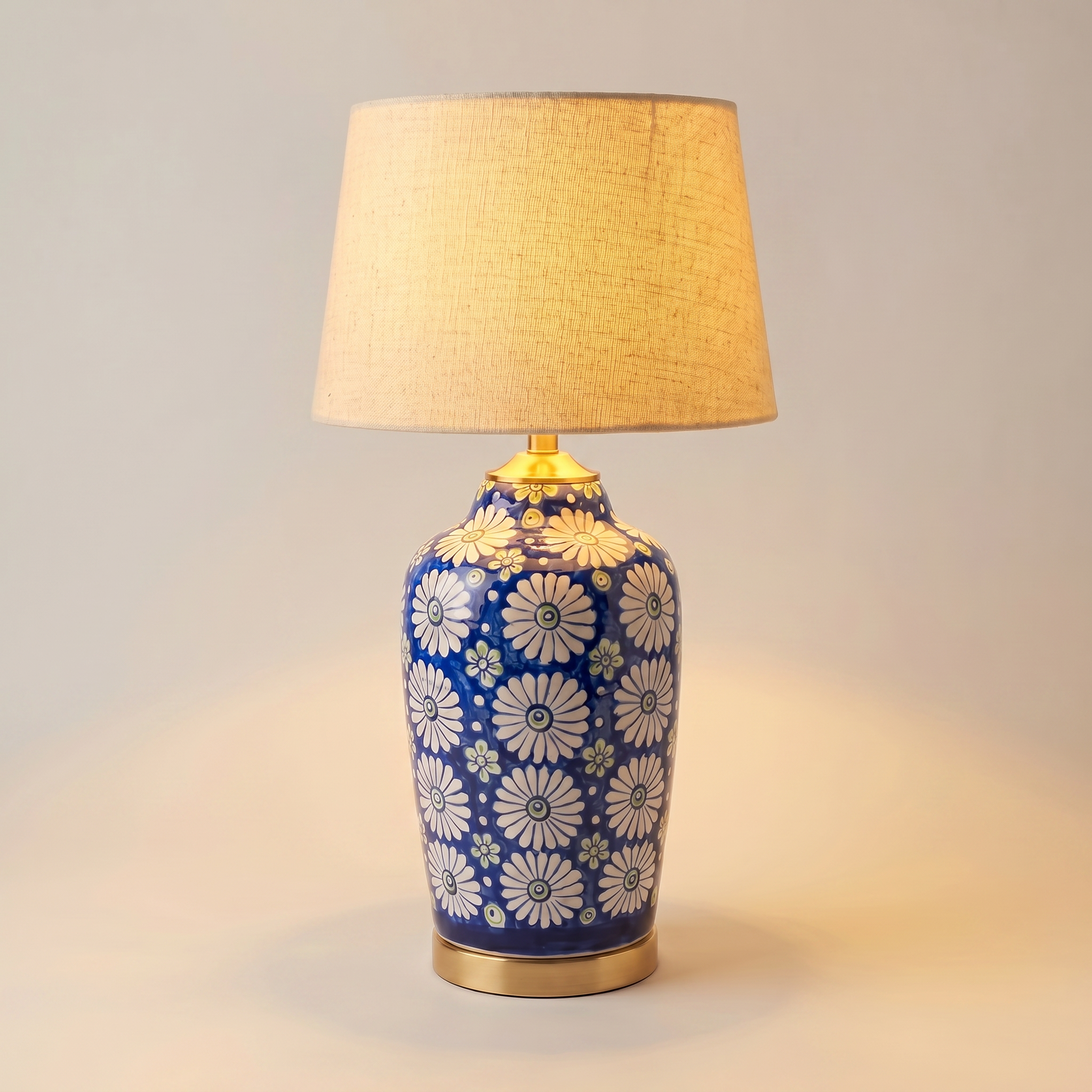 Blue Pottery Table Lamp Base – 16” Hand-Painted Ceramic Lamp with Daisy Floral Design