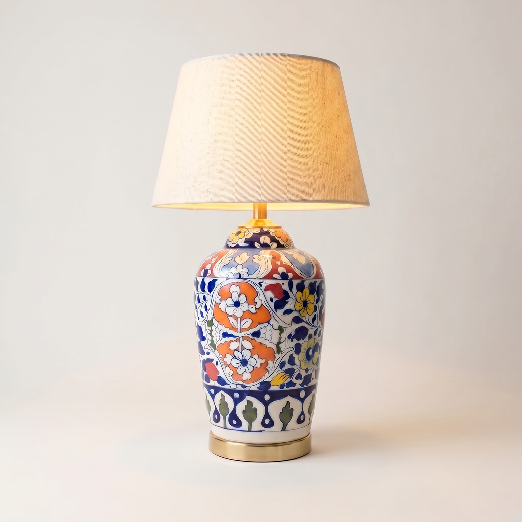 Blue Pottery Table Lamp Base – 16” Hand-Painted Ceramic Lamp with Multicolor Floral Design