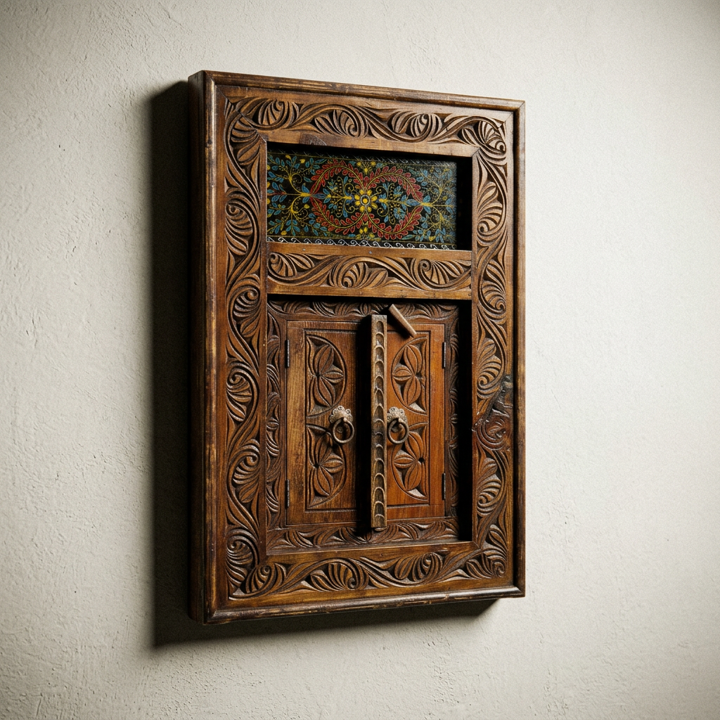 Hand-Carved Swati Mirror Frame with Doors – 20x30” Wooden Wall Decor Frame