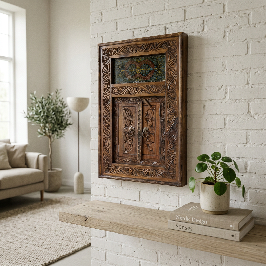 Hand-Carved Swati Mirror Frame with Doors – 20x30” Wooden Wall Decor Frame
