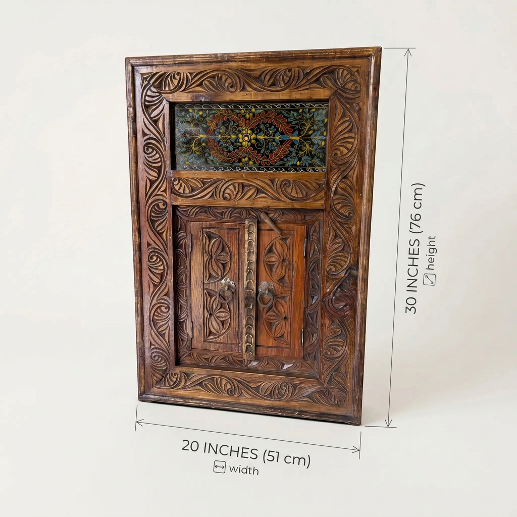 Hand-Carved Swati Mirror Frame with Doors – 20x30” Wooden Wall Decor Frame