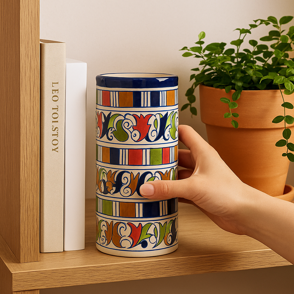 Decorative Multani Blue Pottery vase with colorful patterns, held by a hand on a wooden shelf.