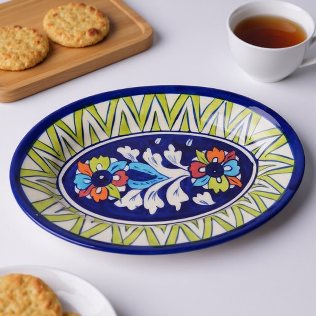 9x6" Oval Multani Pottery Snack Plate – Handcrafted Multicolor Ceramic Dish