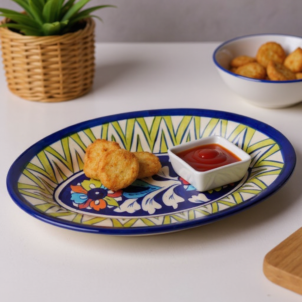 9x6" Oval Multani Pottery Snack Plate – Handcrafted Multicolor Ceramic Dish